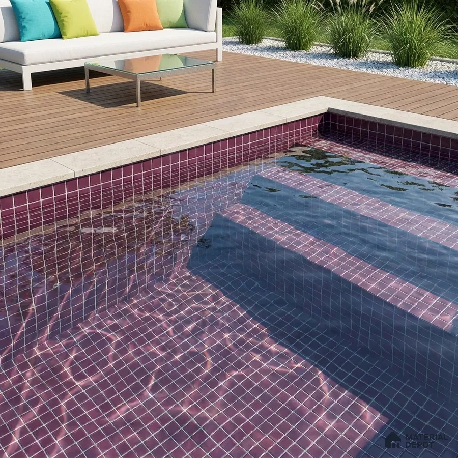 Modern Swimming Pool with Burgundy Plum Glass Mosaic Tile and Wooden Deck