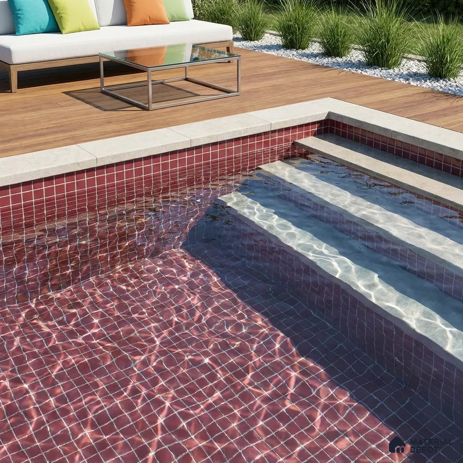 Modern Swimming Pool with Crimson Red Glass Mosaic Tile and Wooden Deck