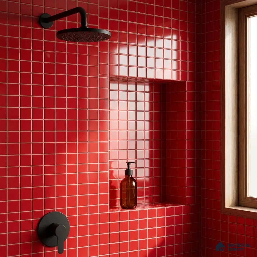 Modern Bathroom with Cherry Red Glass Mosaic Wall Tile and Black Fixtures