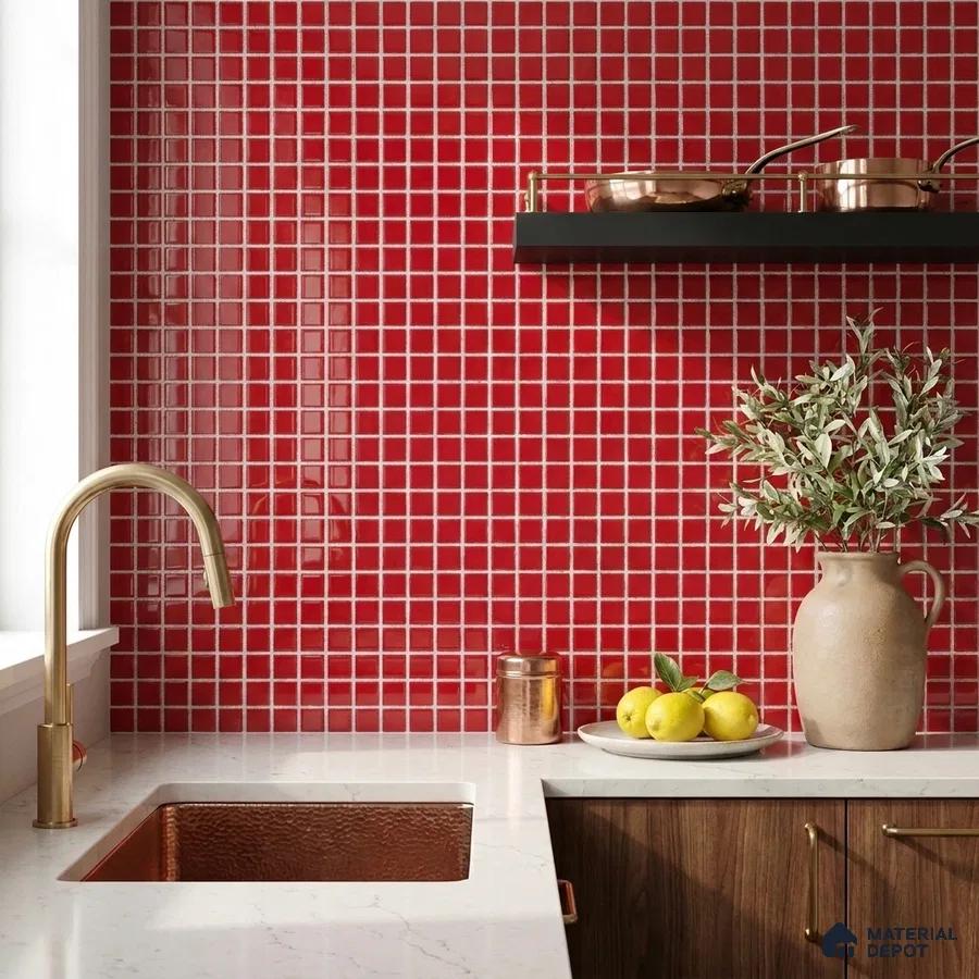 Modern Kitchen with Cherry Red Glass Mosaic Backsplash Tile and Walnut Cabinets