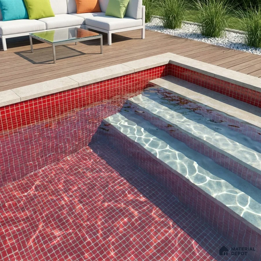 Modern Swimming Pool with Cherry Red Glass Mosaic Tile and Wooden Deck