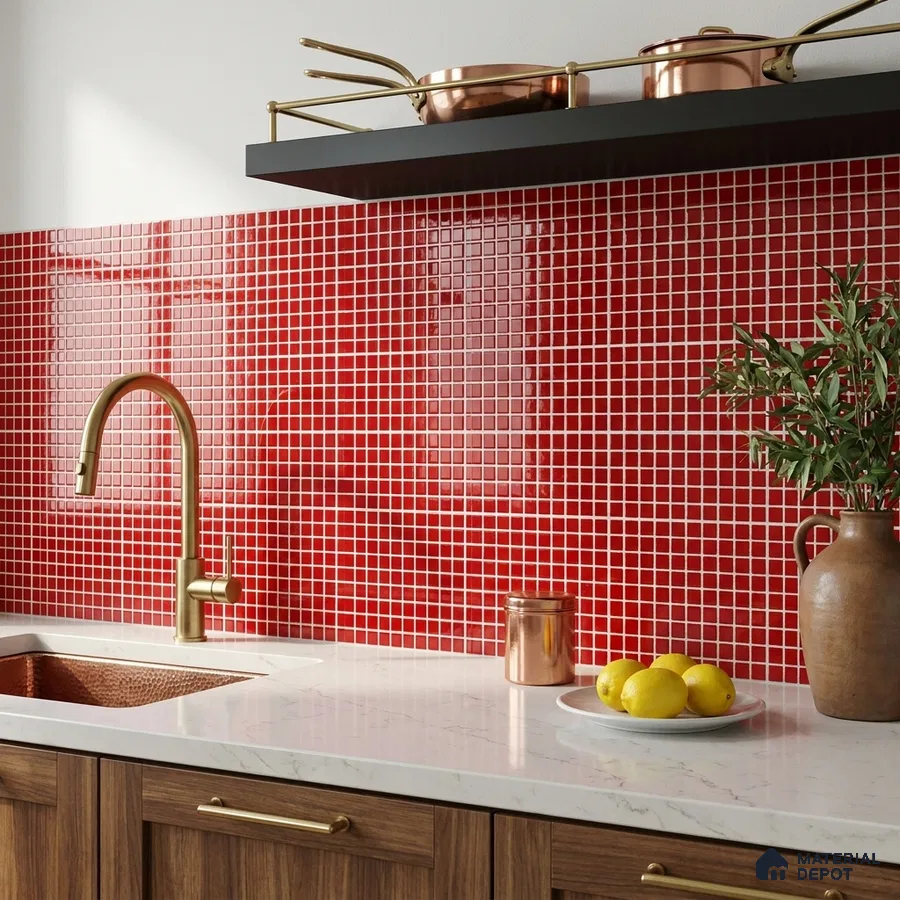 Modern Kitchen with Scarlet Red Glass Mosaic Backsplash Tile and Walnut Cabinets
