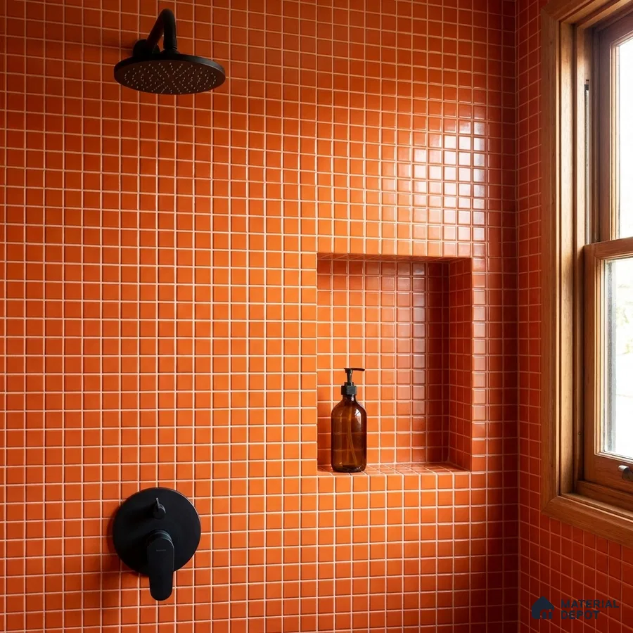 Modern Bathroom with Terracotta Orange Glass Mosaic Wall Tile and Black Fixtures