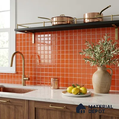 Modern Kitchen with Terracotta Orange Glass Mosaic Backsplash Tile and Walnut Cabinets