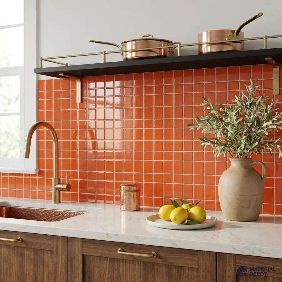 Modern Kitchen with Terracotta Orange Glass Mosaic Backsplash Tile and Walnut Cabinets