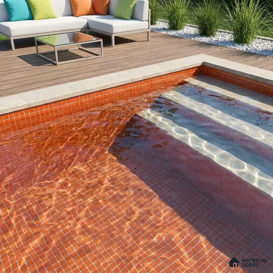 Modern Swimming Pool with Terracotta Orange Glass Mosaic Tile and Wooden Deck