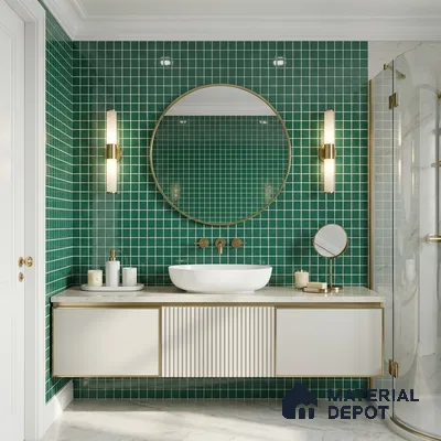 Modern Bathroom with Emerald Green Glass Mosaic Tile and Brass Fixtures