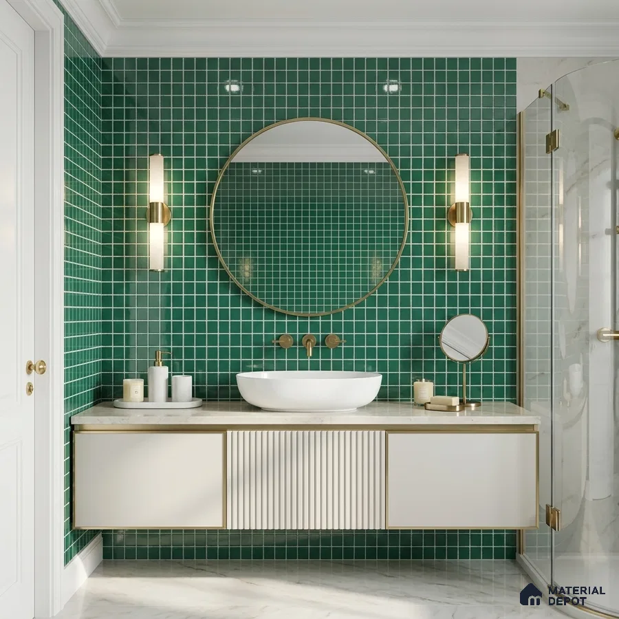 Modern Bathroom with Emerald Green Glass Mosaic Tile and Brass Fixtures
