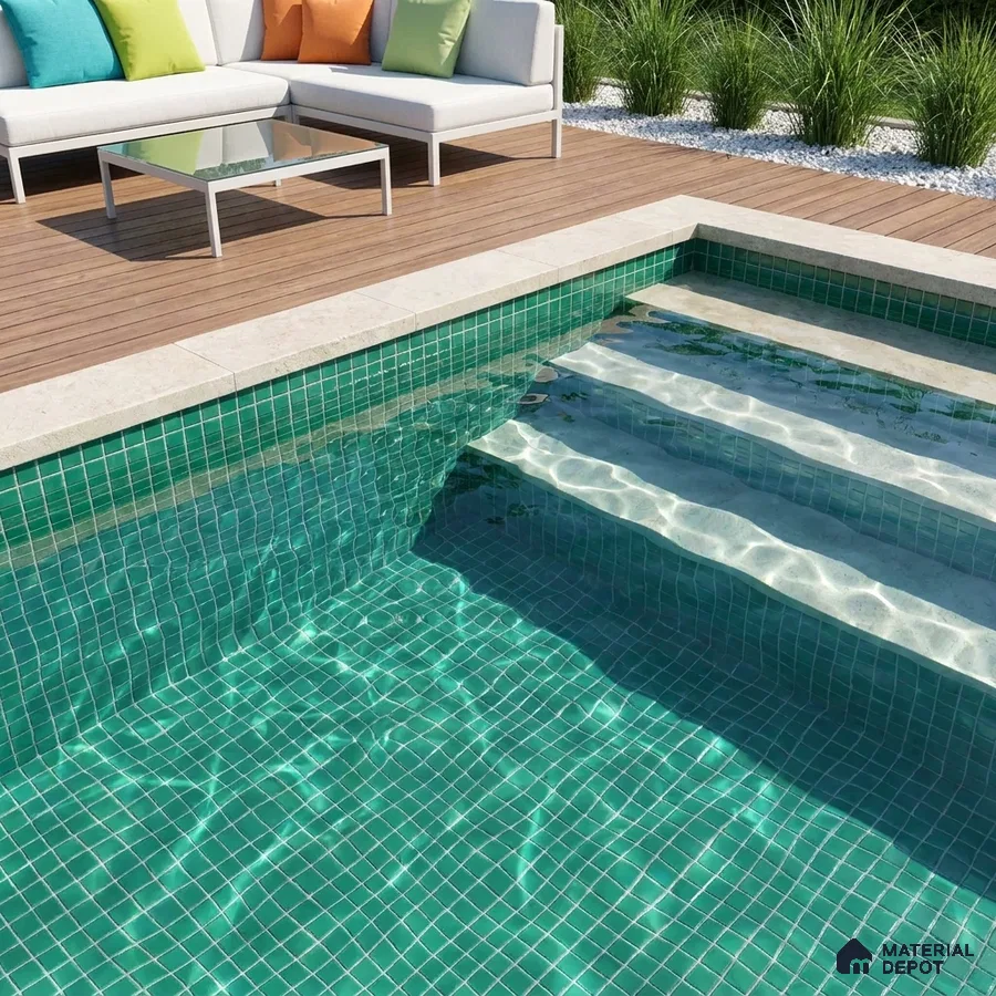 Modern Swimming Pool with Teal Green Glass Mosaic Tile and Wooden Deck