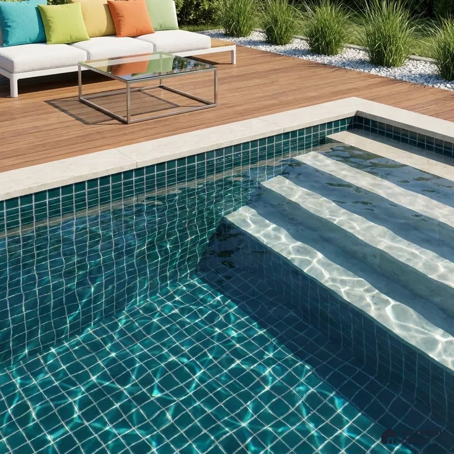 Modern Swimming Pool with Deep Teal Glass Mosaic Tile and Wooden Deck