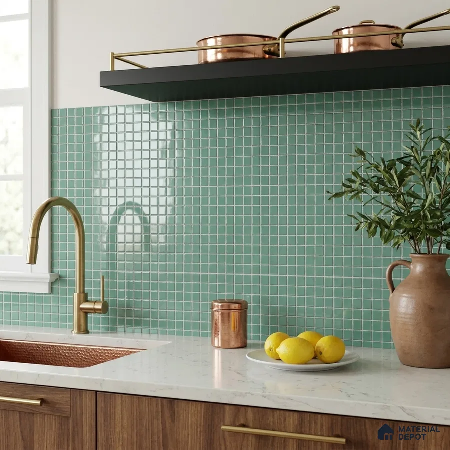Modern Kitchen with Mint Green Glass Mosaic Backsplash and Walnut Cabinets