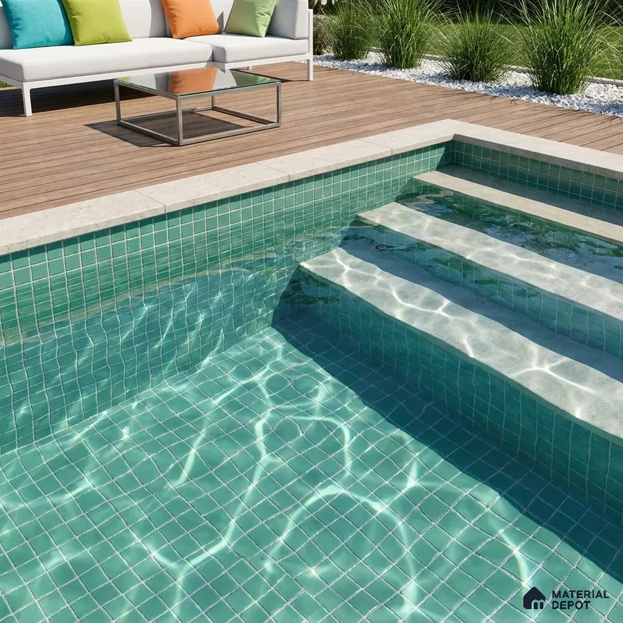 Modern Swimming Pool with Aqua Green Glass Mosaic Tile and Wooden Deck