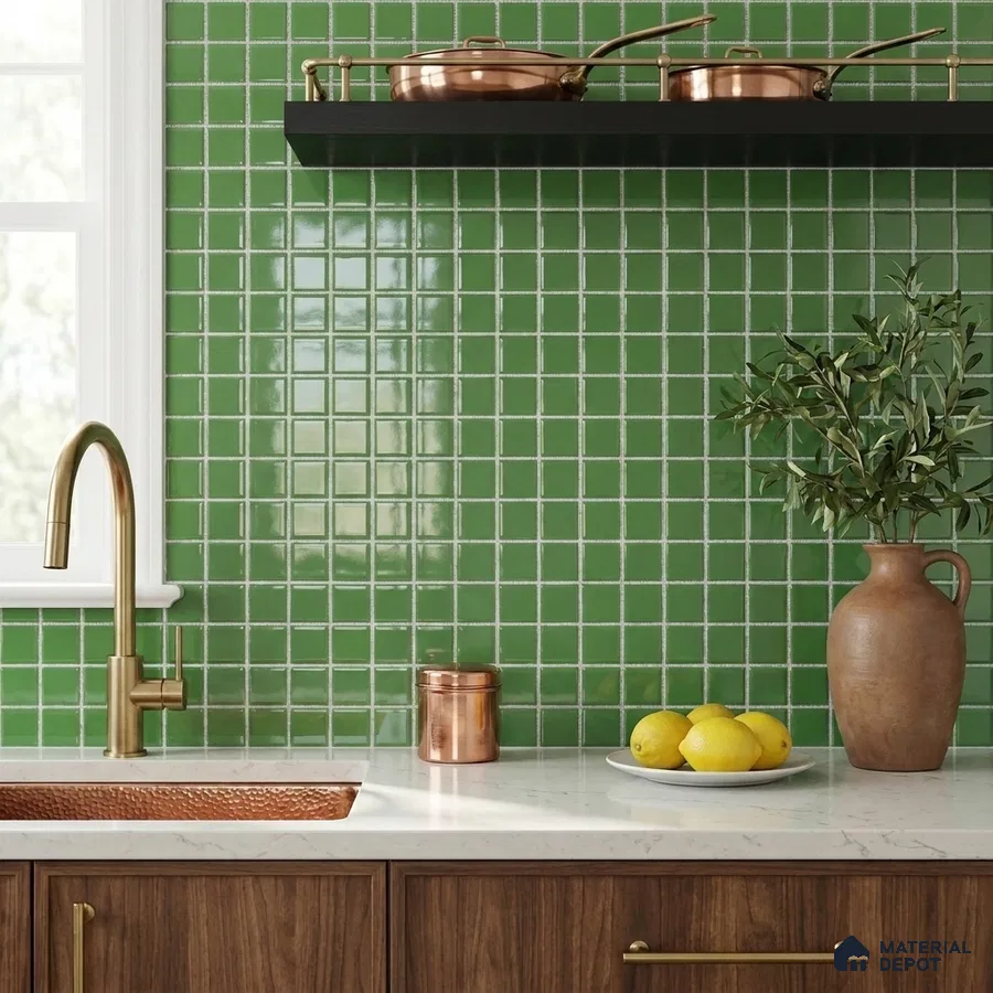 Modern Kitchen with Green Glass Mosaic Backsplash and Walnut Cabinets