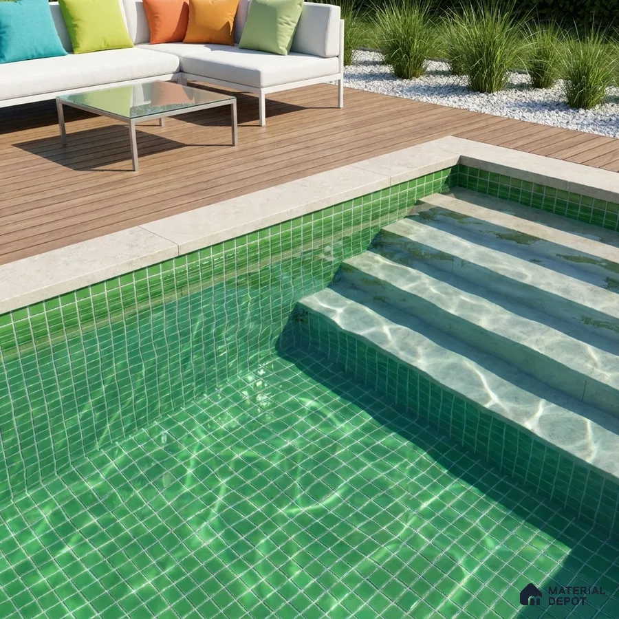 Modern Swimming Pool with Green Glass Mosaic Tile and Wooden Deck