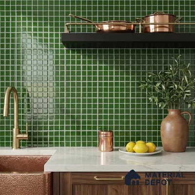 Modern Kitchen with Emerald Green Glass Mosaic Backsplash and Walnut Cabinets