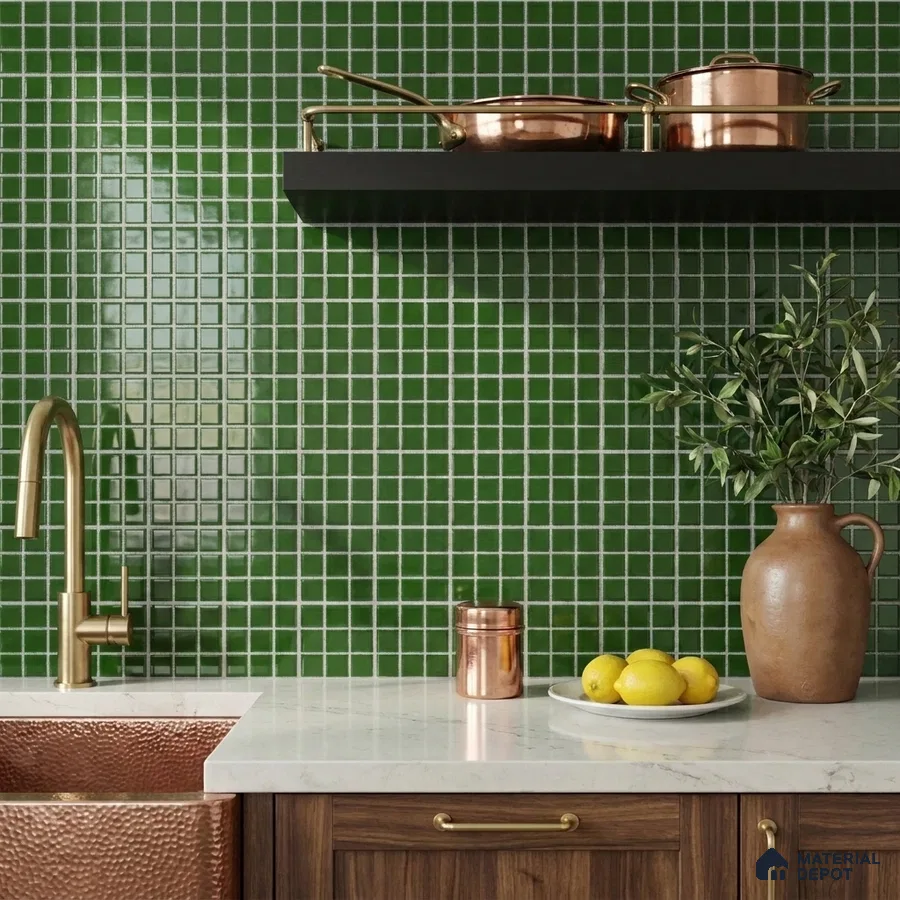 Modern Kitchen with Emerald Green Glass Mosaic Backsplash and Walnut Cabinets