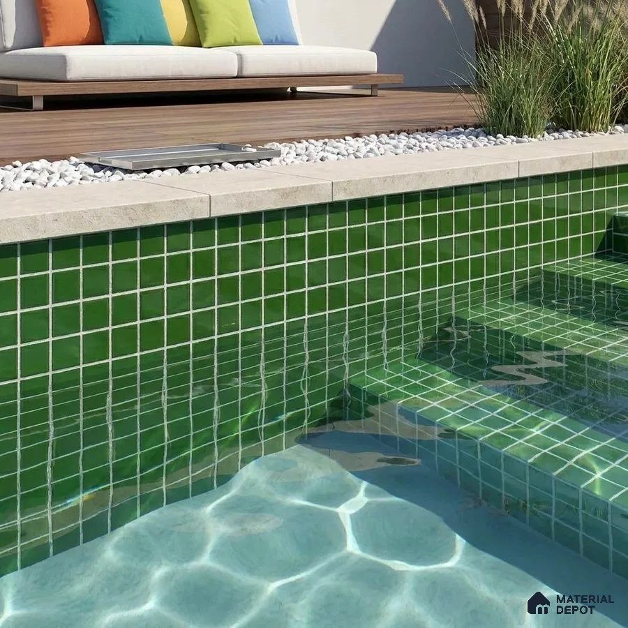 Modern Swimming Pool with Emerald Green Glass Mosaic Tile and Stone Coping