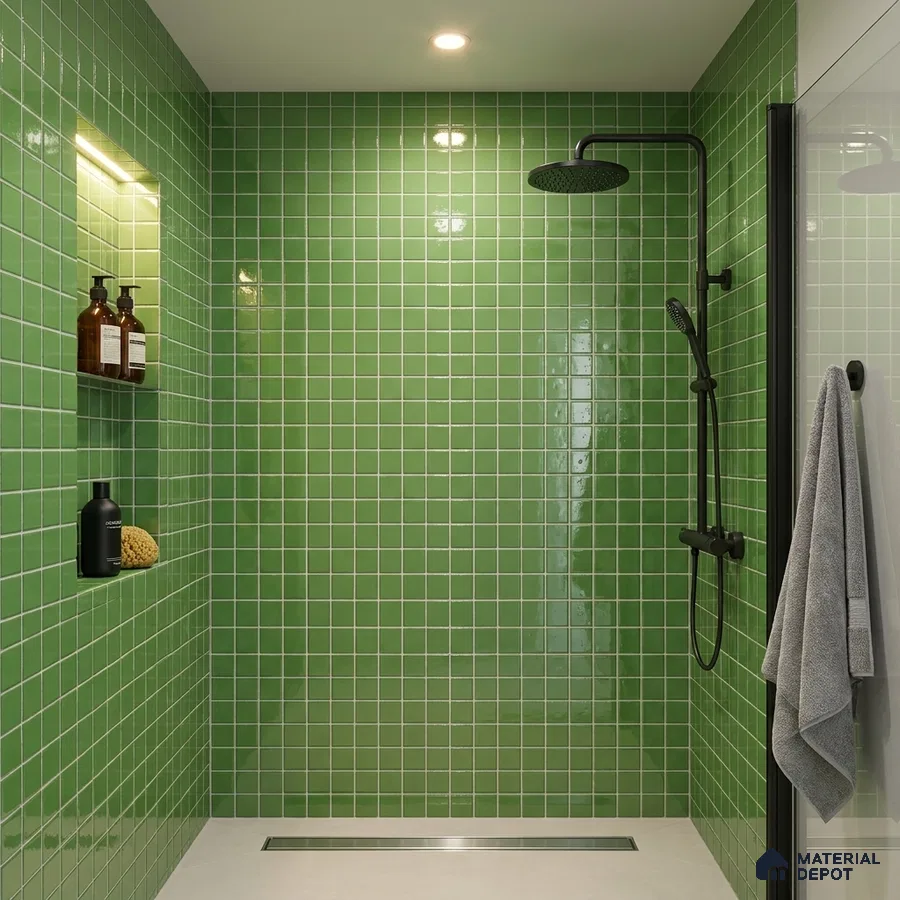 Modern Bathroom with Bright Green Glass Mosaic Shower Tile