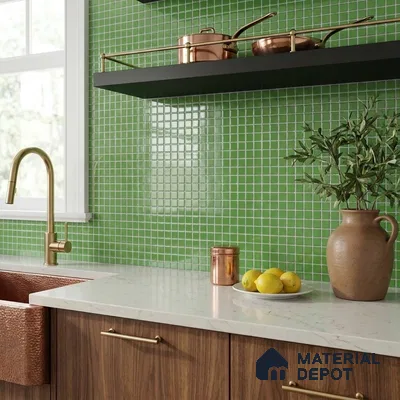 Modern Kitchen with Bright Green Glass Mosaic Backsplash and Walnut Cabinets