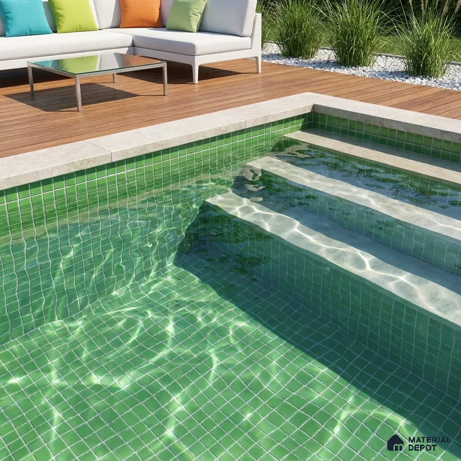 Modern Swimming Pool with Bright Green Glass Mosaic Tile and Wooden Deck