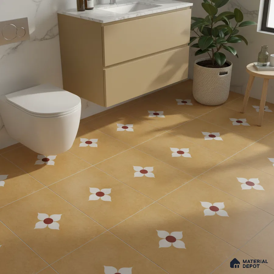 Modern bathroom with beige floating vanity, marble countertop, and mustard floral patterned floor tiles