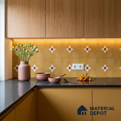 Modern kitchen with mustard yellow patterned backsplash tile, wood laminate cabinets, and black quartz countertop