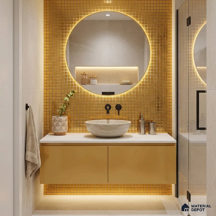 Modern Bathroom with Gold Metallic Glass Mosaic Tile and Round Backlit Mirror
