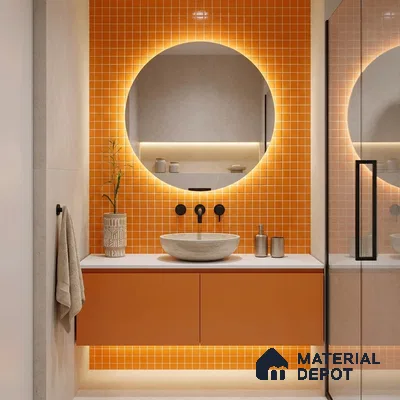 Modern Bathroom with Orange Glass Mosaic Wall Tile and Floating Vanity
