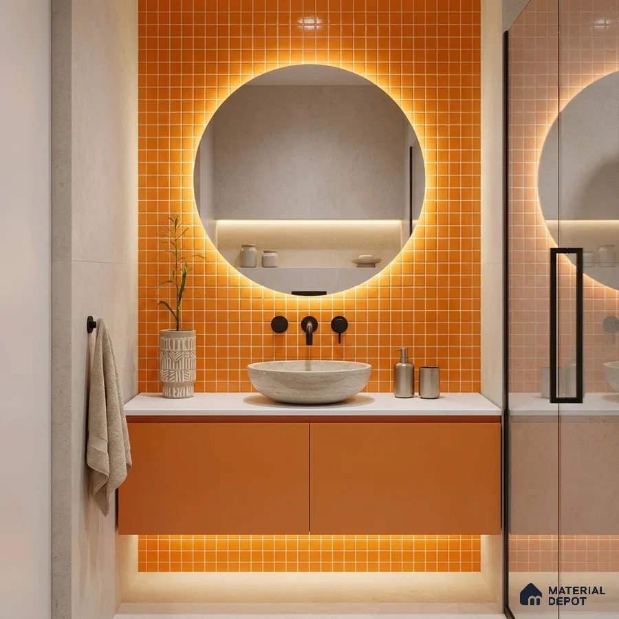 Modern Bathroom with Orange Glass Mosaic Wall Tile and Floating Vanity