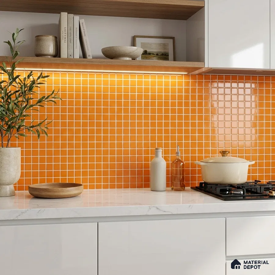 Modern Kitchen with Orange Glass Mosaic Backsplash Tile and White Cabinets