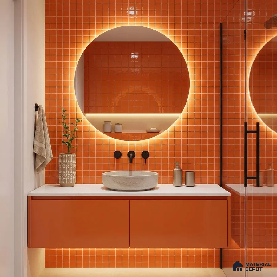 Modern Bathroom with Burnt Orange Glass Mosaic Wall Tile and Floating Vanity