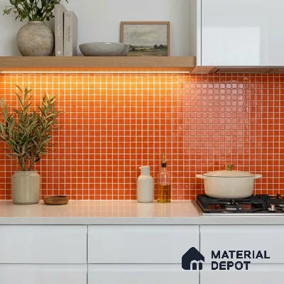 Modern Kitchen with Burnt Orange Glass Mosaic Backsplash Tile and White Cabinets