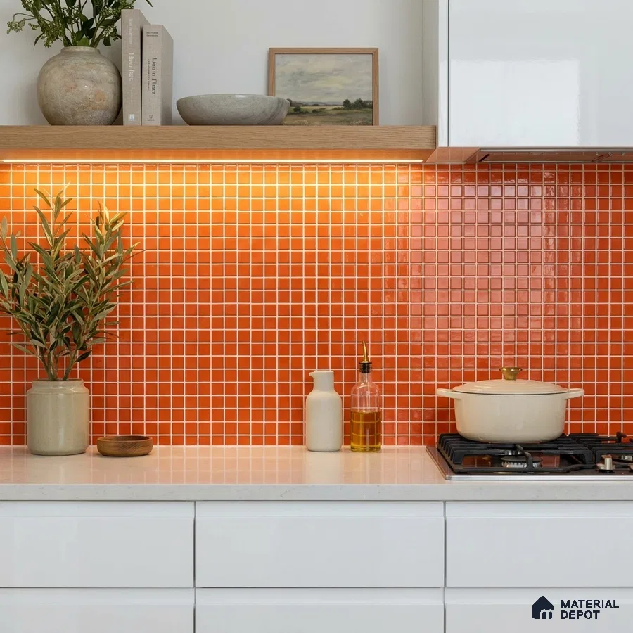 Modern Kitchen with Burnt Orange Glass Mosaic Backsplash Tile and White Cabinets