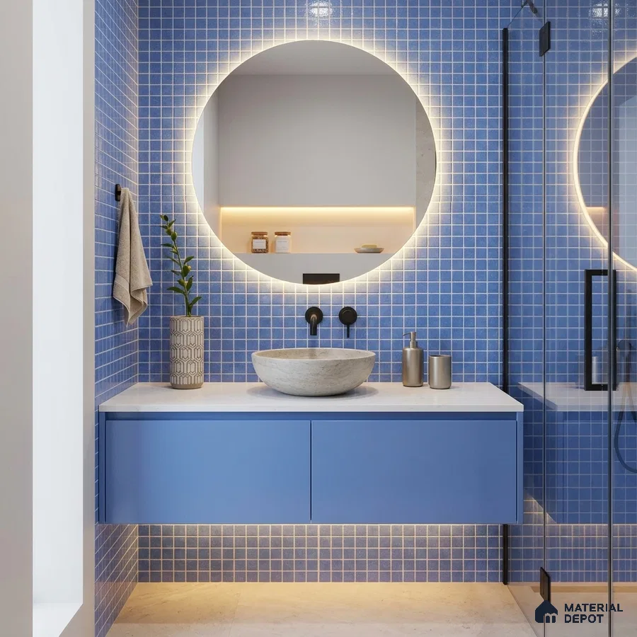 Modern Bathroom with Blue Glass Mosaic Wall Tile and Floating Vanity