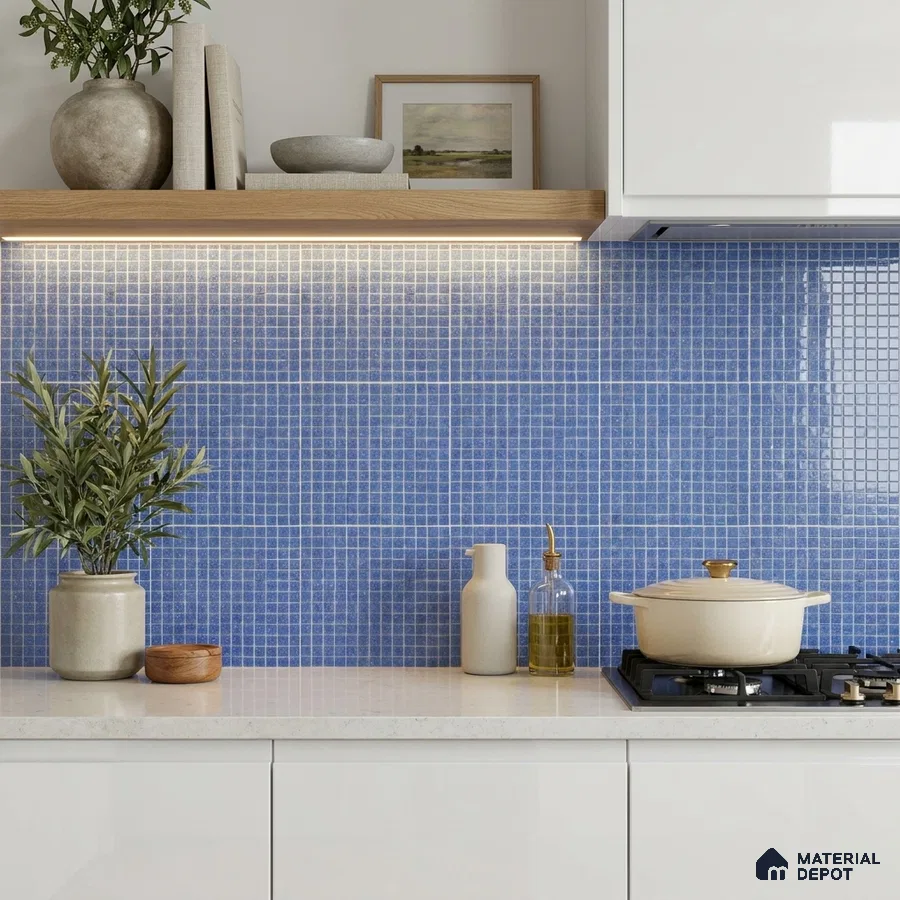 Modern Kitchen with Blue Glass Mosaic Backsplash Tile and White Cabinets