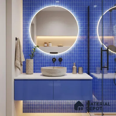 Modern Bathroom with Cobalt Blue Glass Mosaic Wall Tile and Floating Vanity