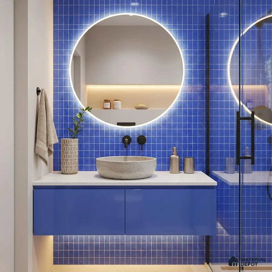 Modern Bathroom with Cobalt Blue Glass Mosaic Wall Tile and Floating Vanity