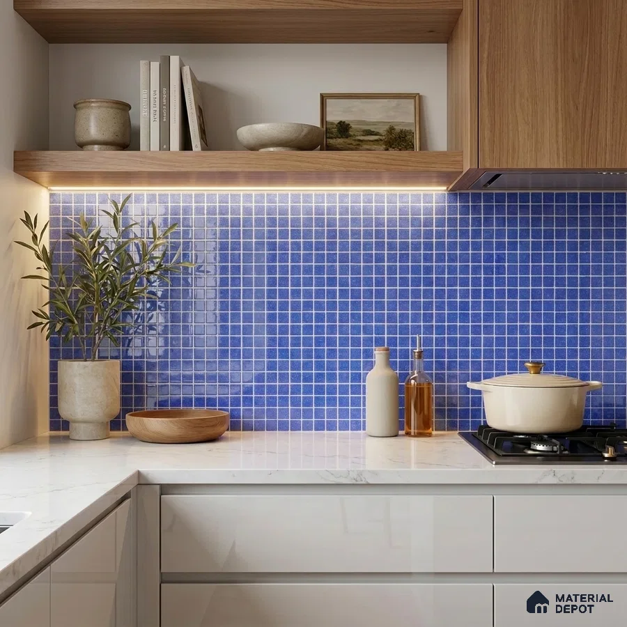 Modern Kitchen with Cobalt Blue Glass Mosaic Backsplash Tile and White Cabinets