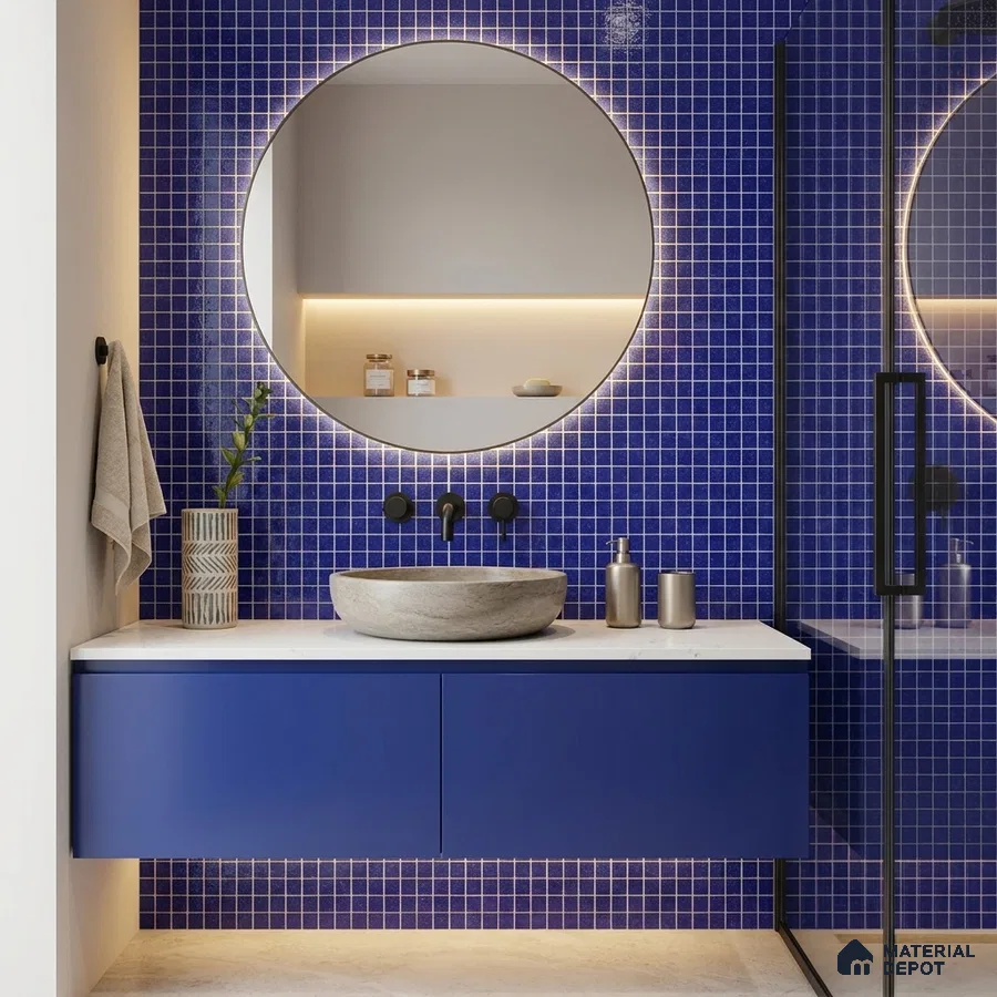 Modern Bathroom with Royal Blue Glass Mosaic Wall Tile and Floating Vanity