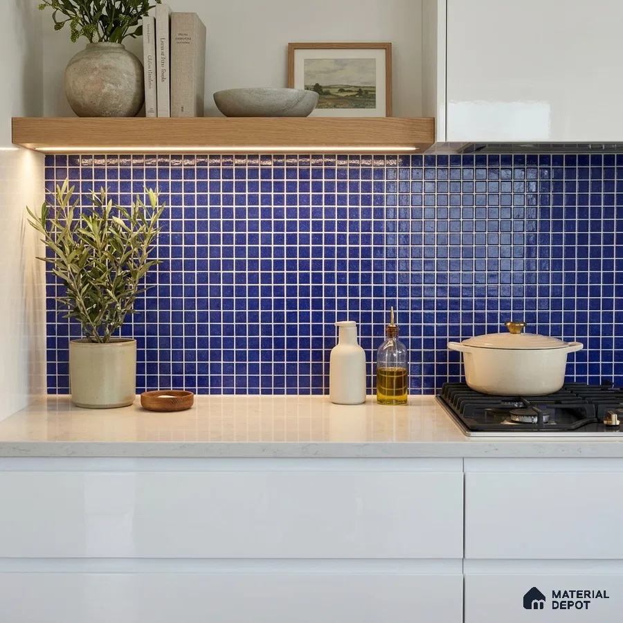 Modern Kitchen with Royal Blue Glass Mosaic Backsplash Tile and White Cabinets