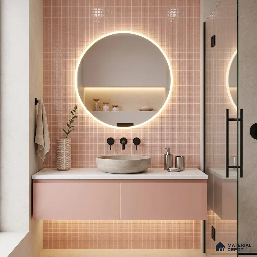 Modern Bathroom with Blush Pink Glass Mosaic Wall Tile and Floating Vanity