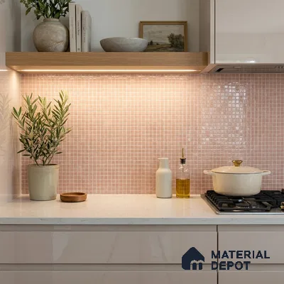 Modern Kitchen with Blush Pink Glass Mosaic Backsplash Tile and White Cabinets