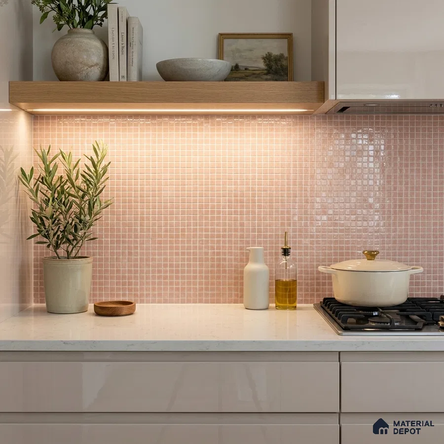 Modern Kitchen with Blush Pink Glass Mosaic Backsplash Tile and White Cabinets