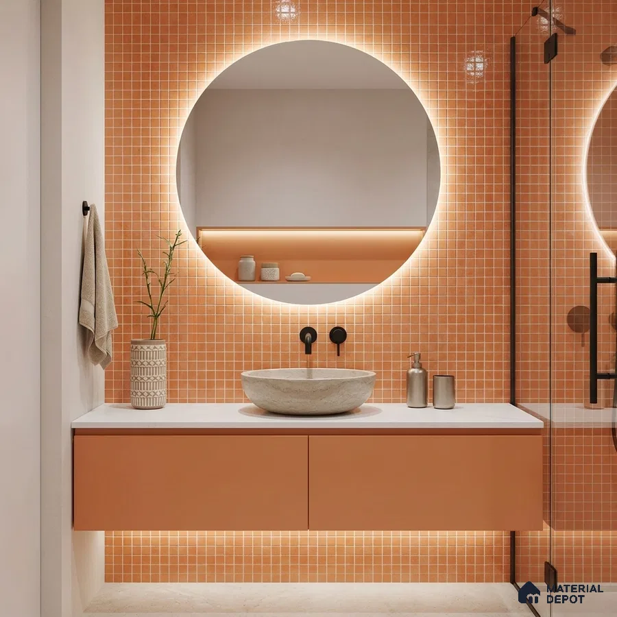 Modern Bathroom with Terracotta Orange Glass Mosaic Tile and Round Backlit Mirror