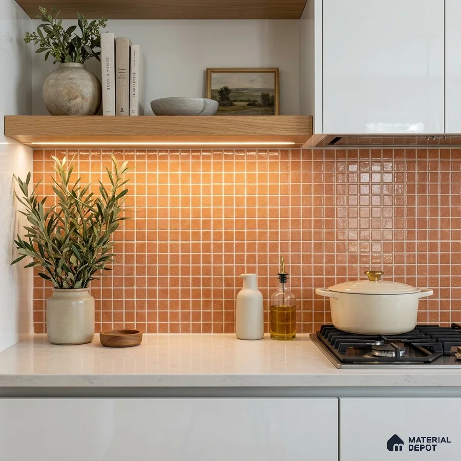 Modern Kitchen with Terracotta Orange Glass Mosaic Backsplash Tile