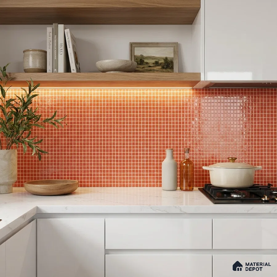 Modern Kitchen with Coral Orange Glass Mosaic Backsplash Tile