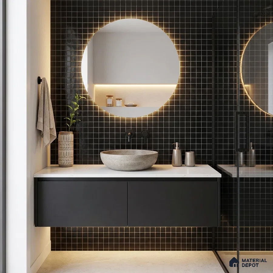 Modern Bathroom with Black Glass Mosaic Tile and Round Backlit Mirror