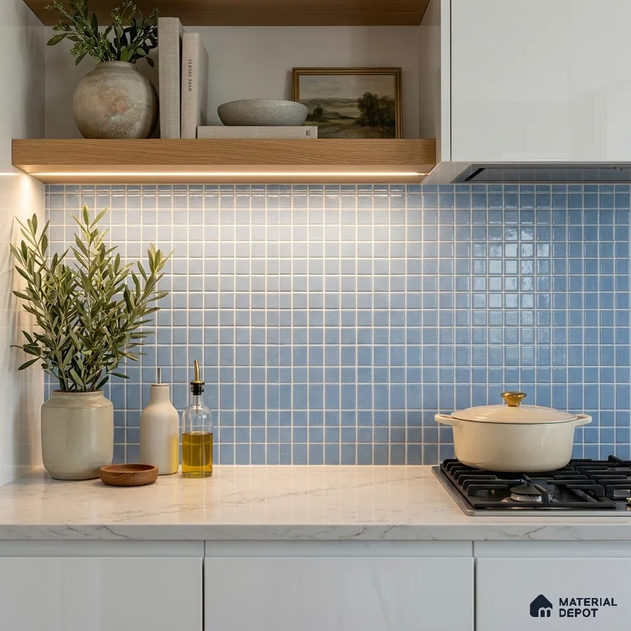 Modern Kitchen with Powder Blue Glass Mosaic Backsplash Tile
