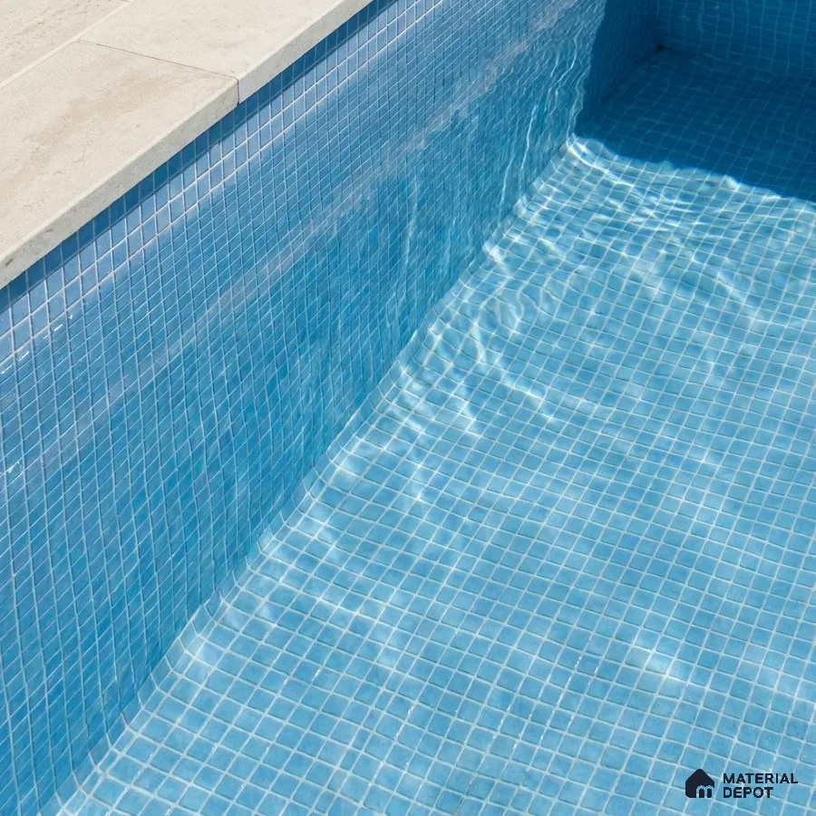 Modern Swimming Pool with Sky Blue Glass Mosaic Tile and Stone Coping