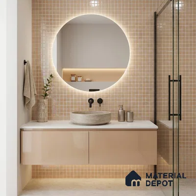 Modern Bathroom with Pearl Peach Iridescent Glass Mosaic Tile and Round Mirror